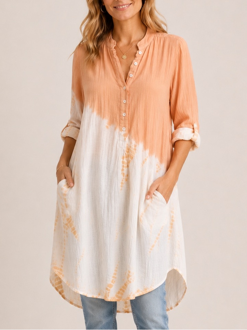April Cornell Tie Dye Cotton Oversized Tunic Top Peach White Boho Pockets XS